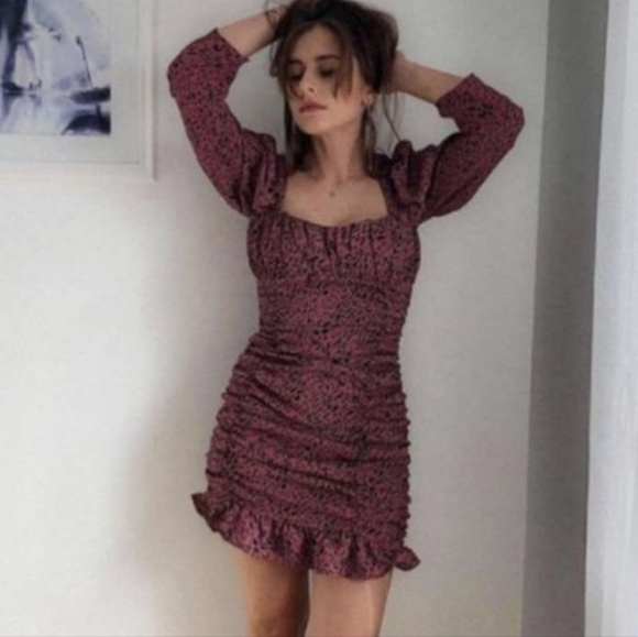 Zara animal print ruffled ruched mini dress medium - Picture 2 of 16